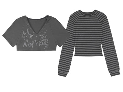 Furry Gray Striped Hooded Two-Piece Set-Up