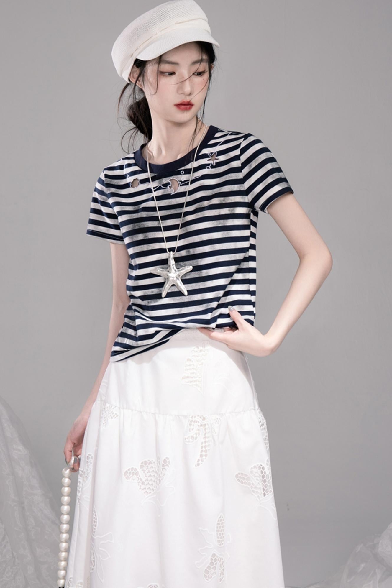 Navy Cut-Out Embroidered Striped T-Shirt