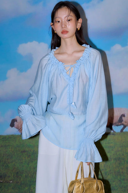 Blue Flower Fruit Ruffle V-Neck Shirt