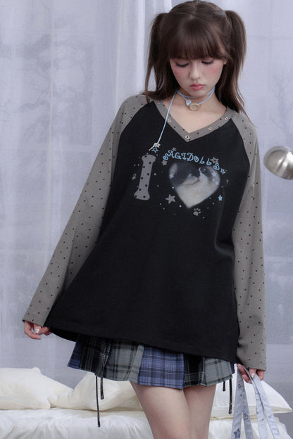 Fighting Spirit Cat Print Raglan T-shirt