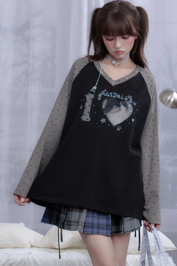 Fighting Spirit Cat Print Raglan T-shirt