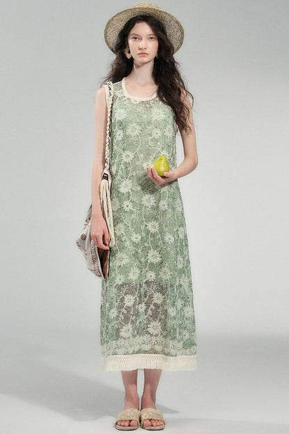 Moss Sequin Embroidery Tassel Dress