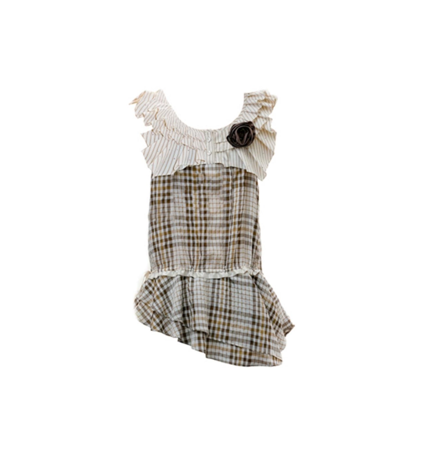 Coffee Check Striped Ruffled Collar Top