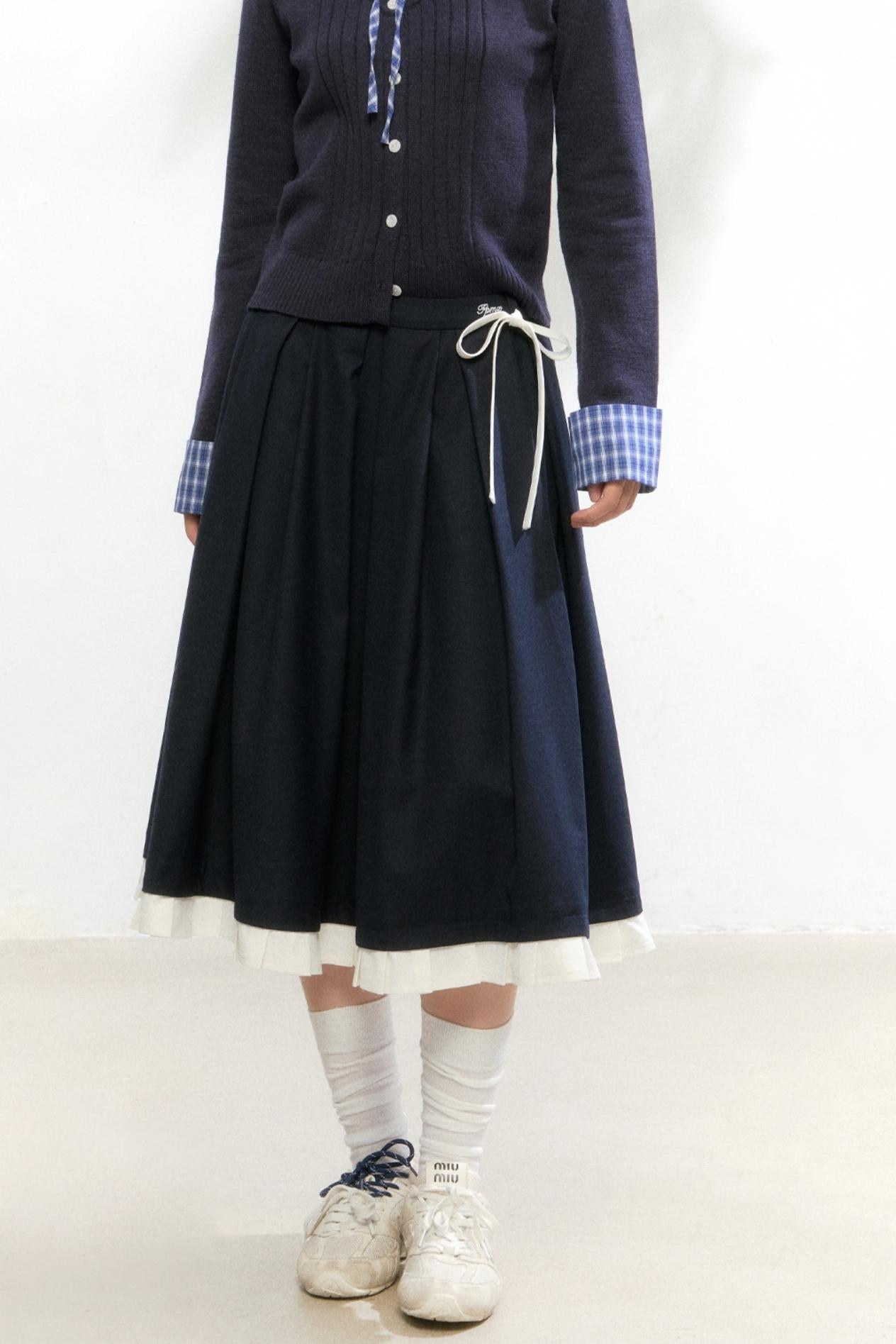 Contrast Layered Knit Pleated Skirt Set-Up