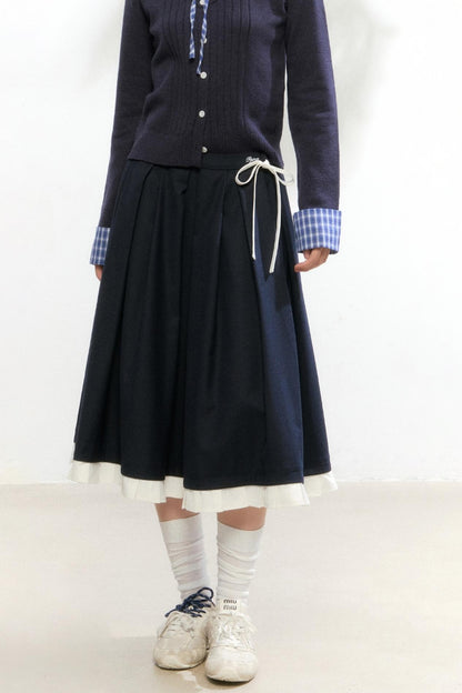Contrast Layered Knit Pleated Skirt Set-Up