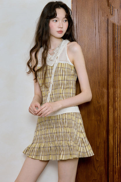 Bohemian Apricot Yellow Check Sleeveless Dress