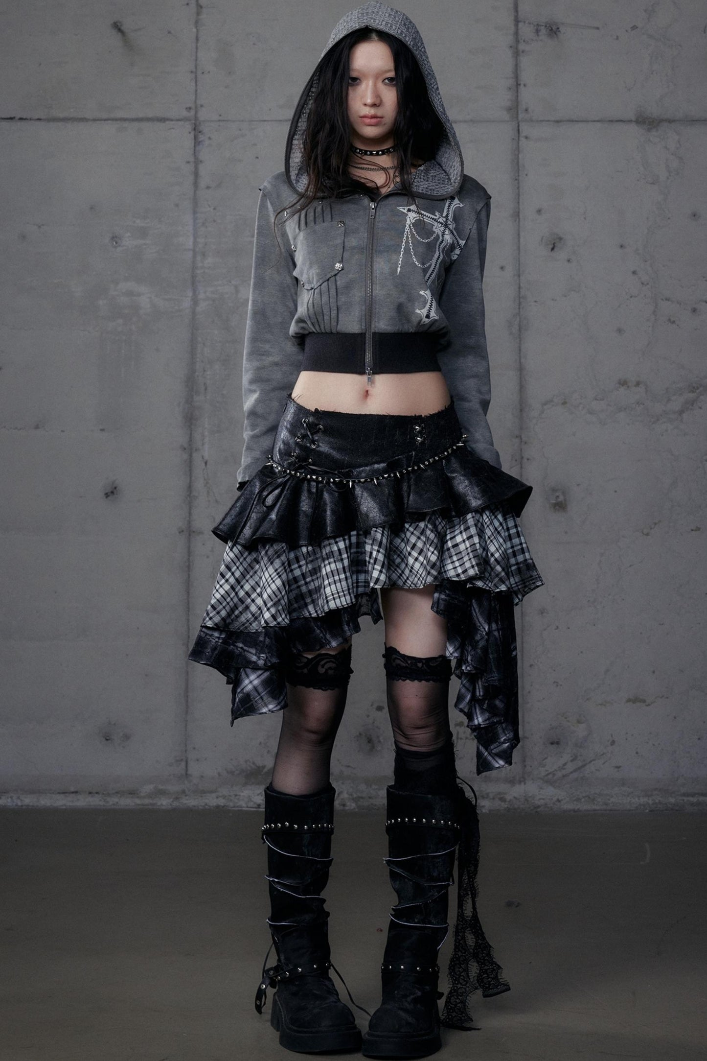 Dark Retro Plaid Leather Skirt