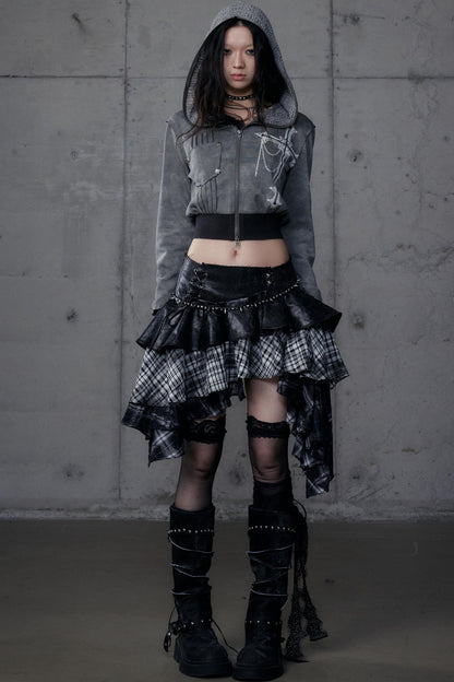 Dark Retro Plaid Leather Skirt