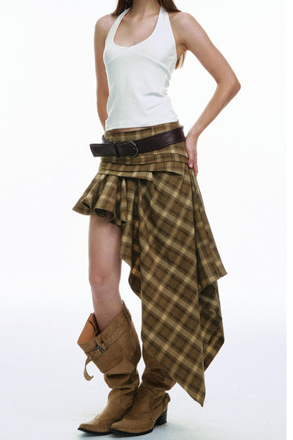 Vintage Plaid Asymmetrical Pleated Skirt
