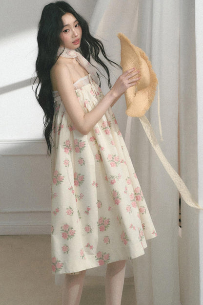 Rose Print Silk Scarf High-Waisted Chic Dress