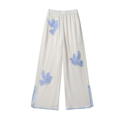 Sun Bird Embroidery Loose Knit Trousers