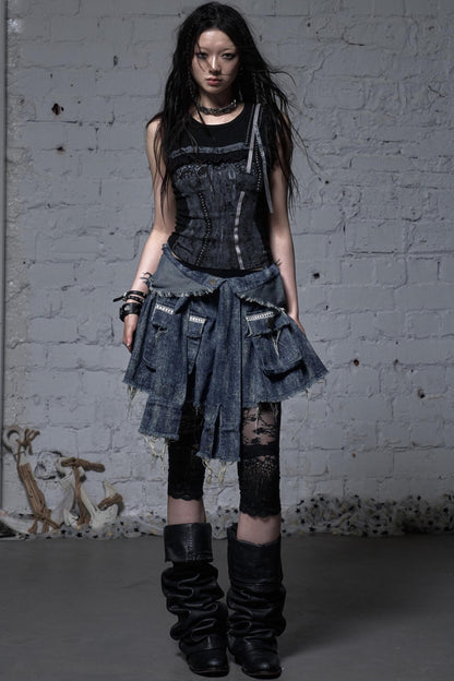 Punk Washed Denim Shirt Skirt