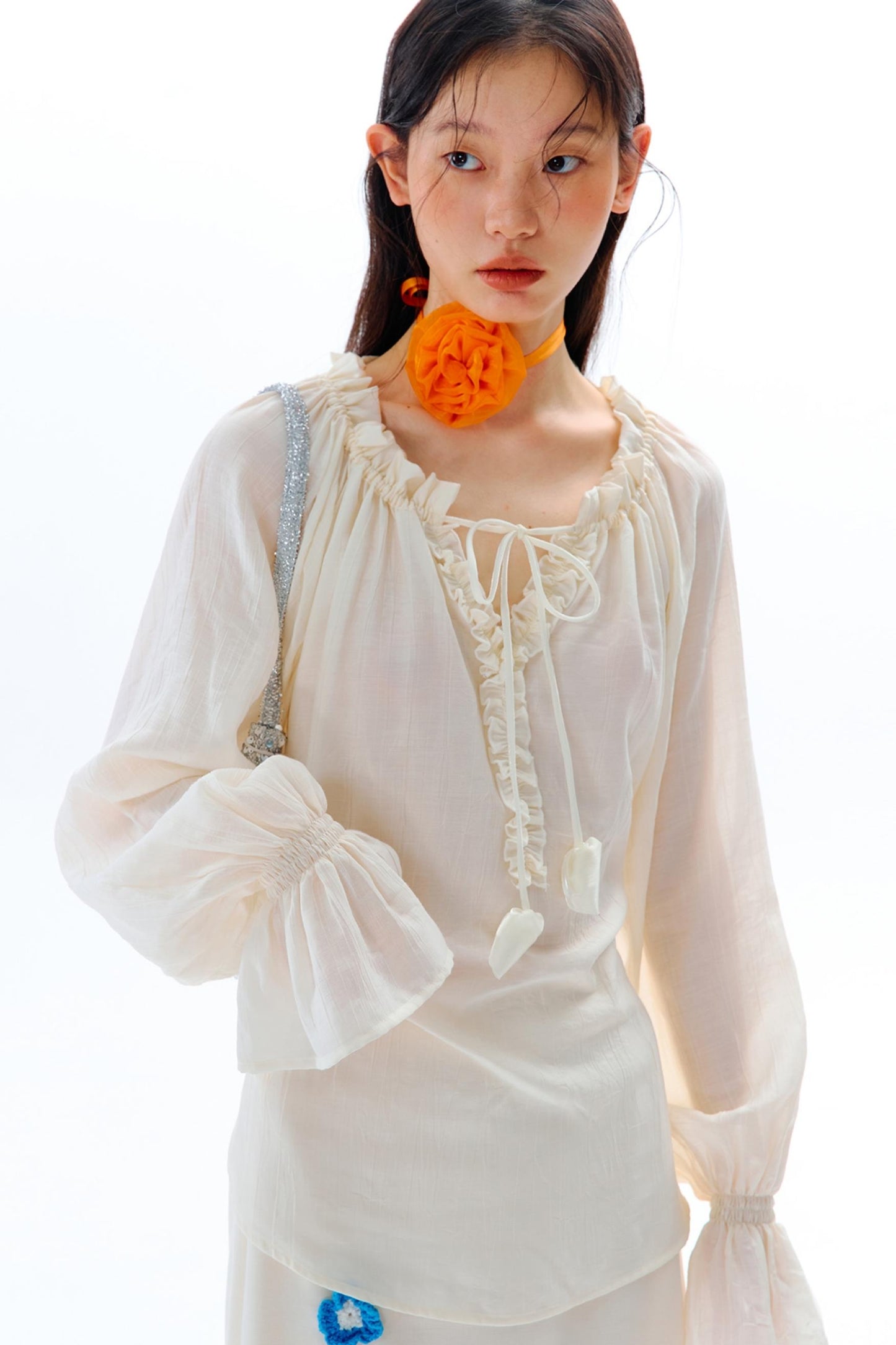 Blue Flower Fruit Ruffle V-Neck Shirt