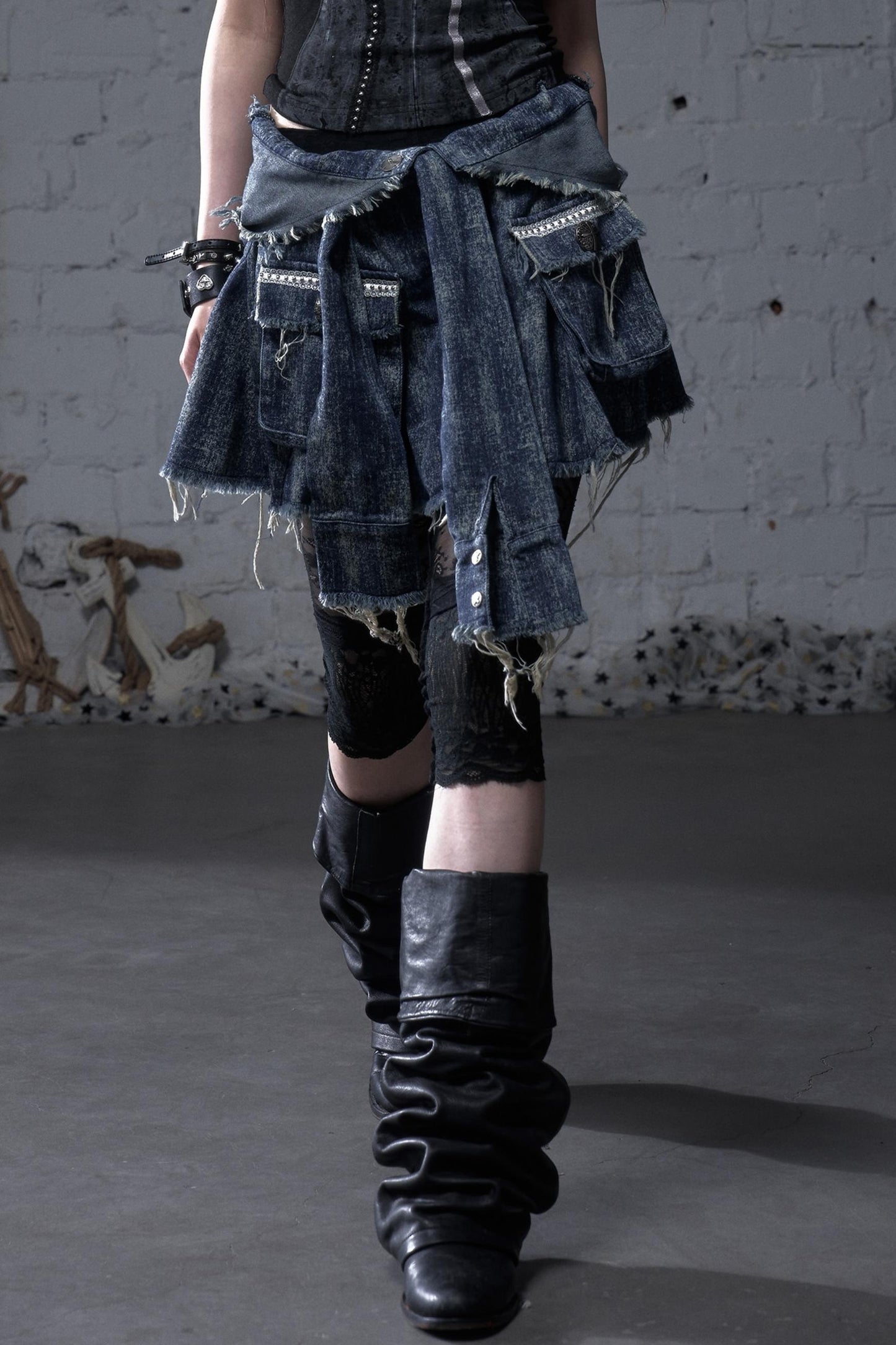 Punk Washed Denim Shirt Skirt