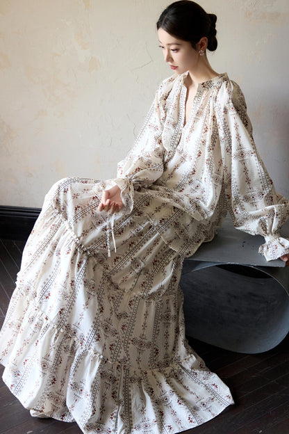 Romantic Ethnic Printed V-Neck Pullover Shirt