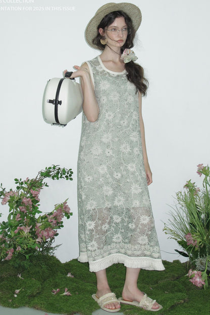 Moss Sequin Embroidery Tassel Dress