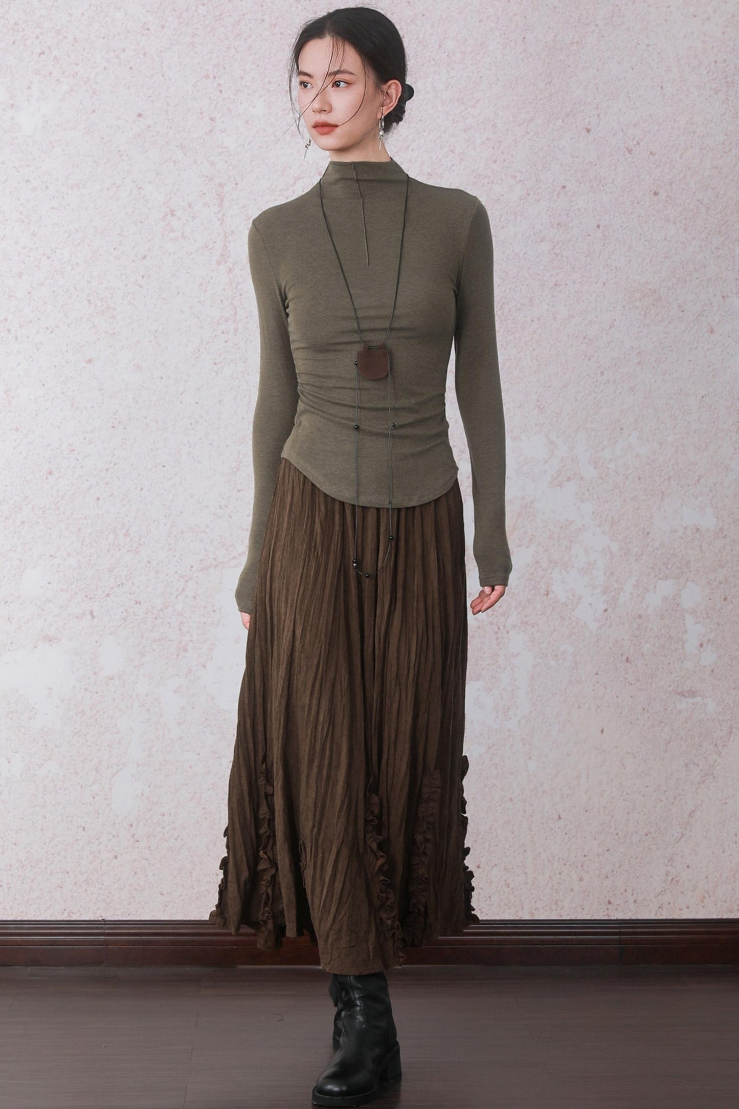 Autumn Brick Brown Fleece A-Line Skirt