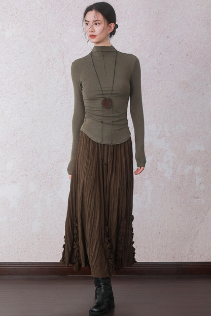 Autumn Brick Brown Fleece A-Line Skirt