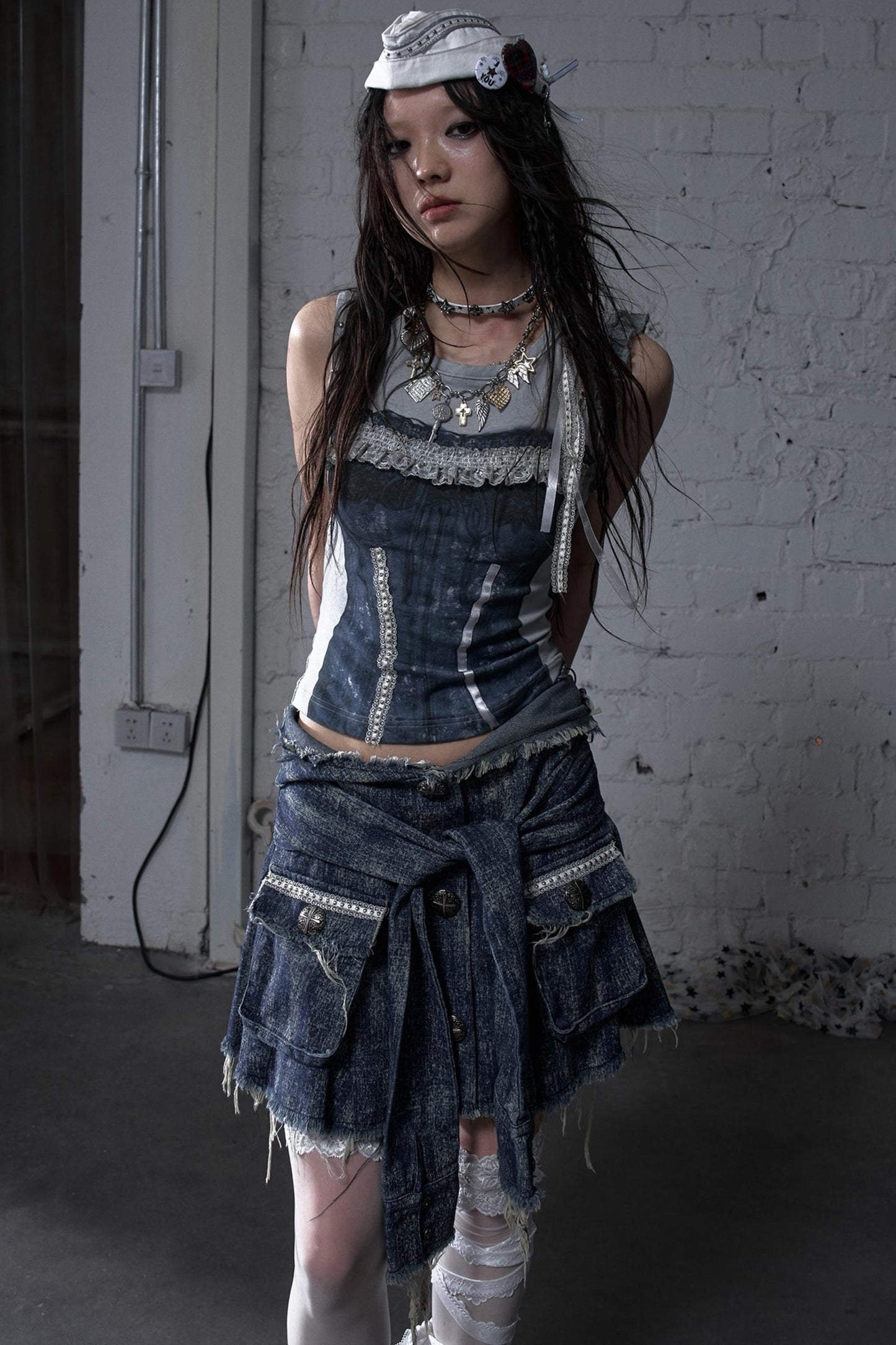 Punk Washed Denim Shirt Skirt