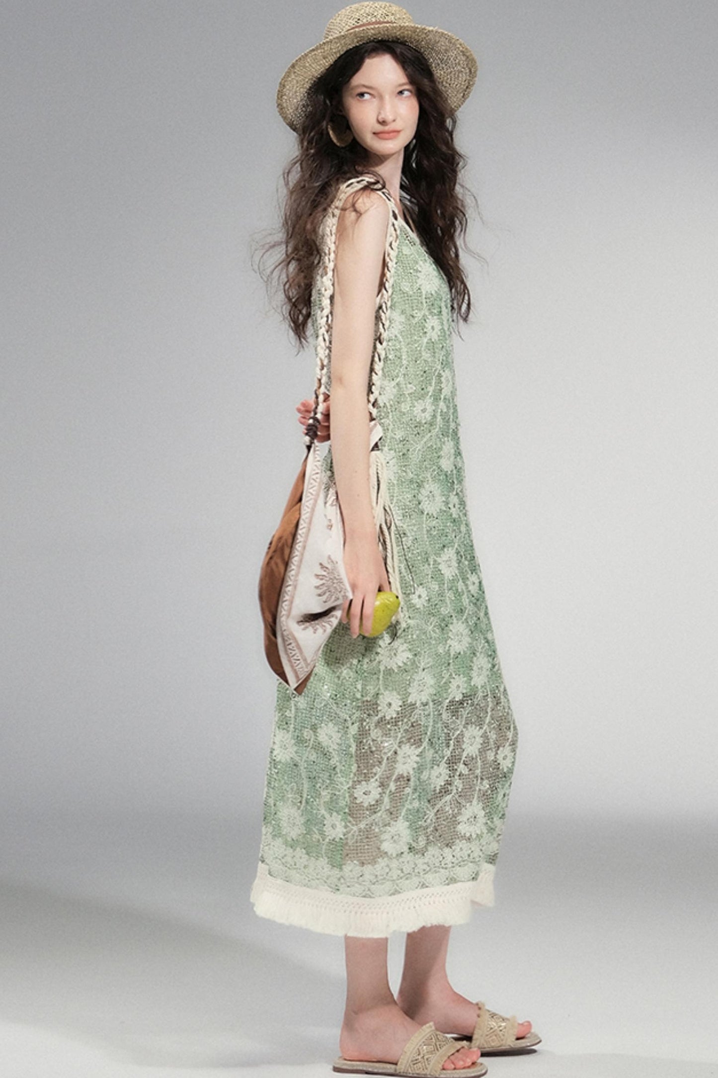 Moss Sequin Embroidery Tassel Dress