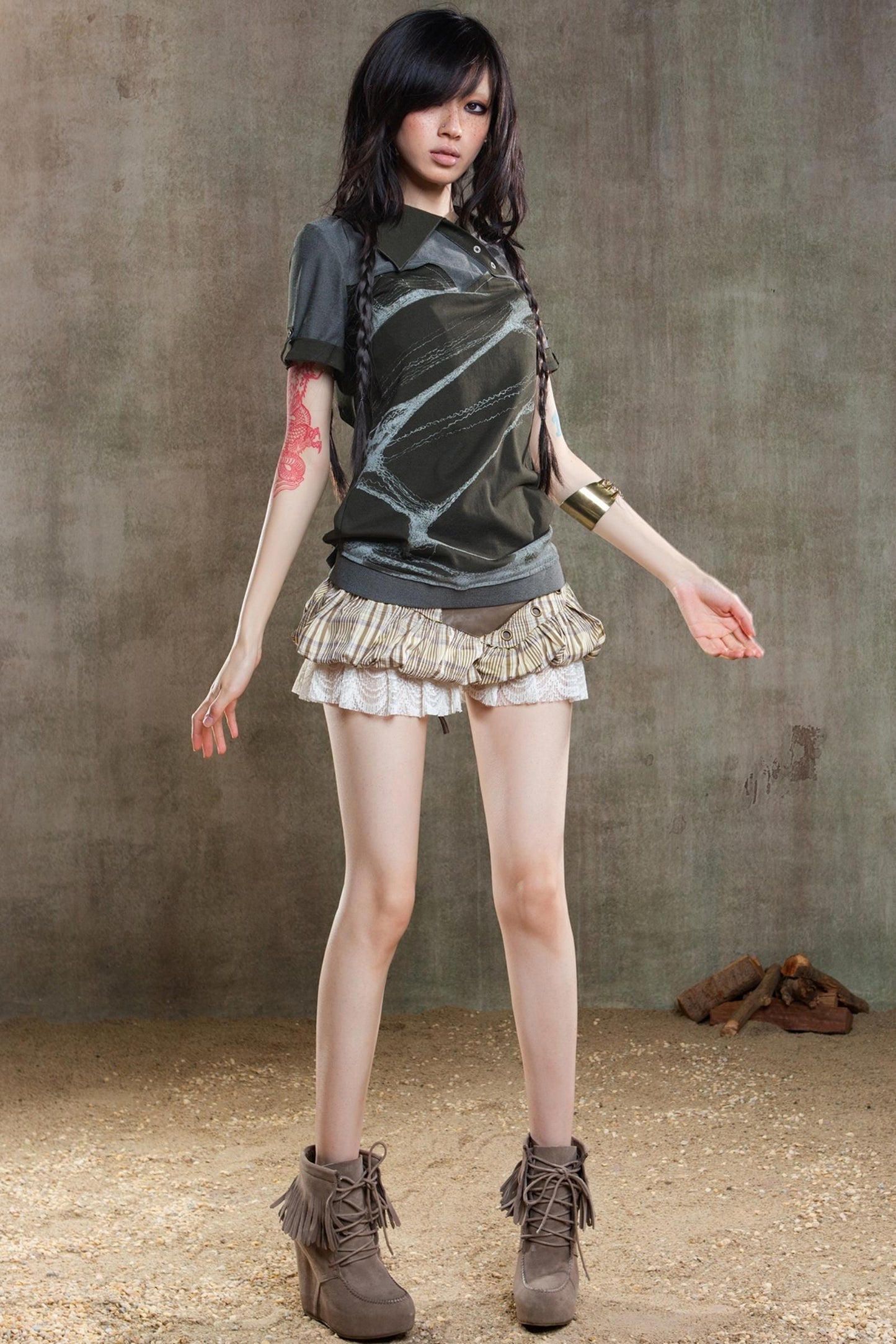 Color-Block Plaid Mini Skirt