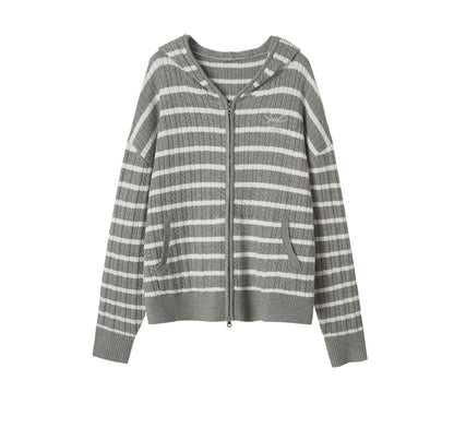 Vintage Gray Striped Hoodie Cardigan