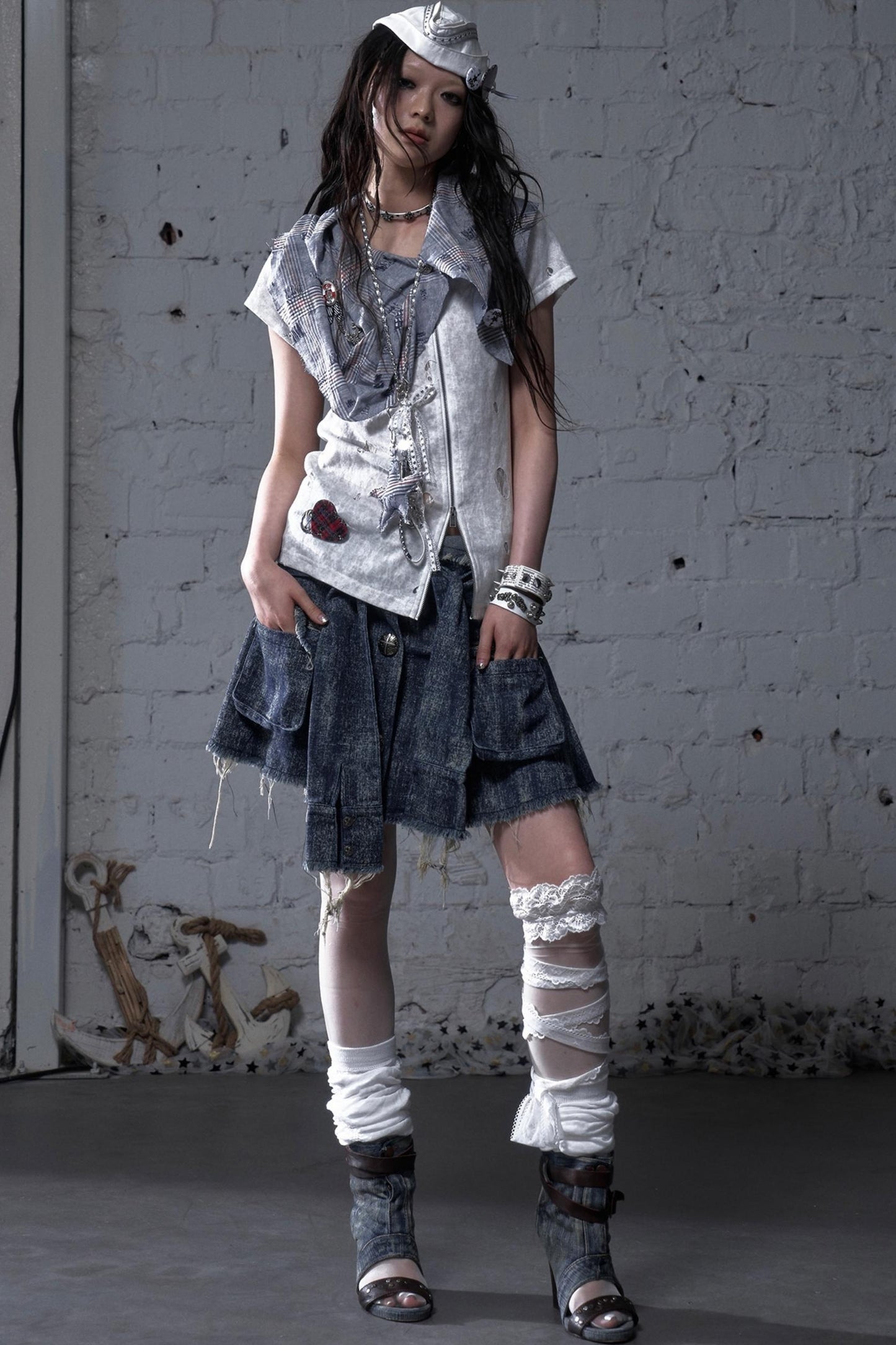 Punk Washed Denim Shirt Skirt