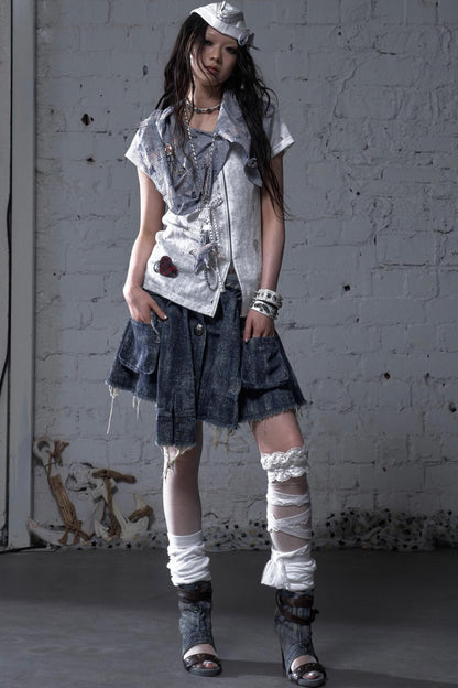 Punk Washed Denim Shirt Skirt