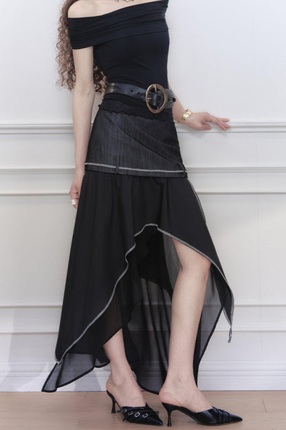 Yuan Irregular Denim A-Line Skirt