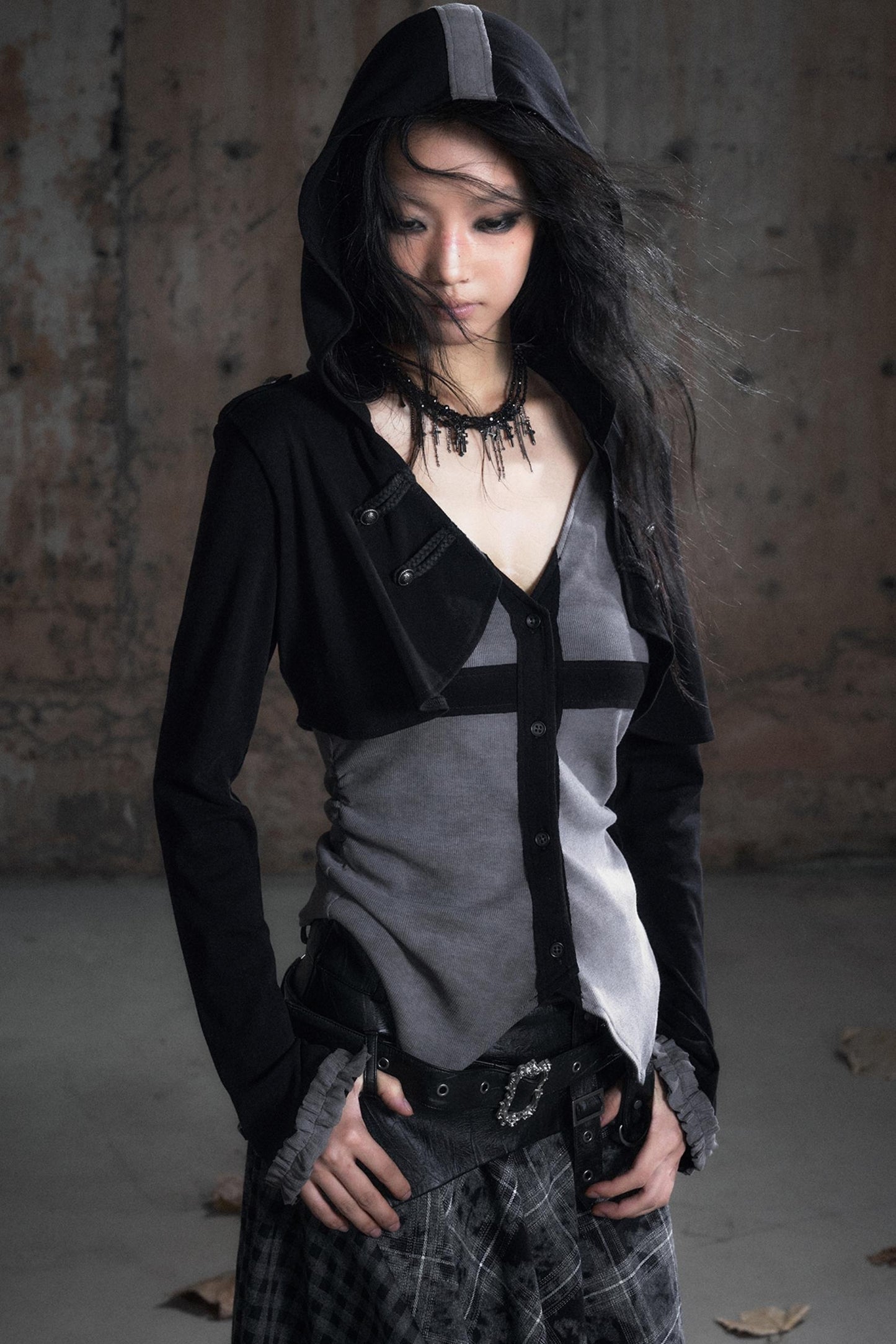 Two-Tone Long Sleeve Hooded Top