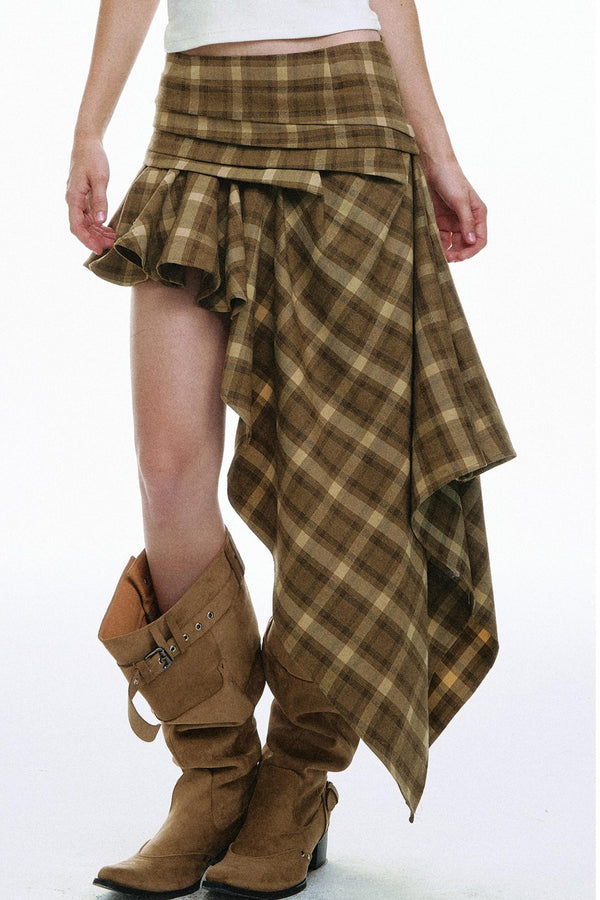 Vintage Plaid Asymmetrical Pleated Skirt