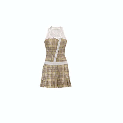 Bohemian Apricot Yellow Check Sleeveless Dress