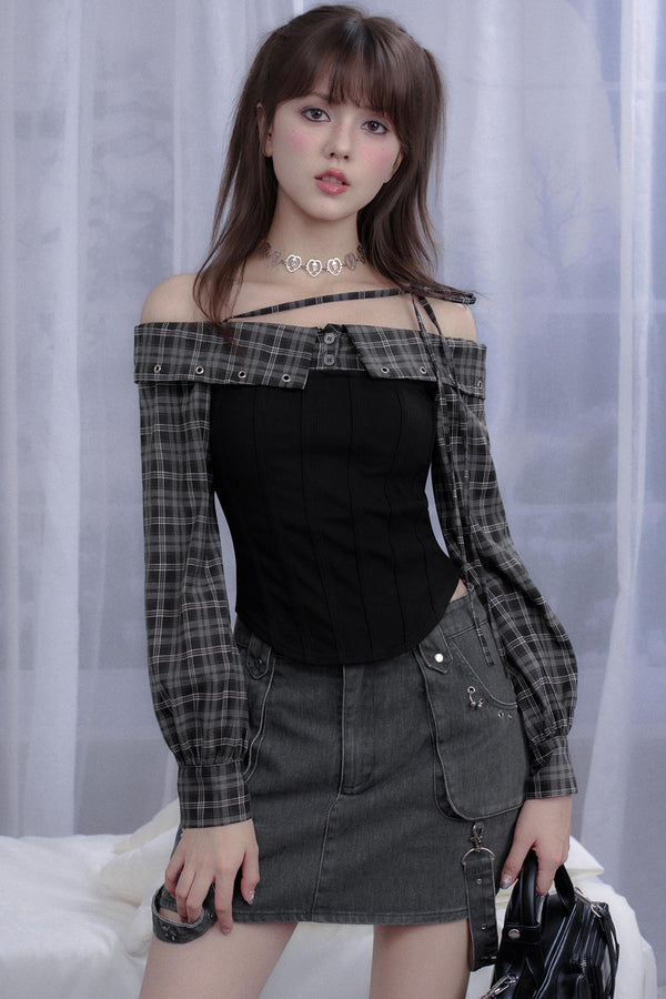 Fighting Spirit Plaid One-Shoulder Shirt