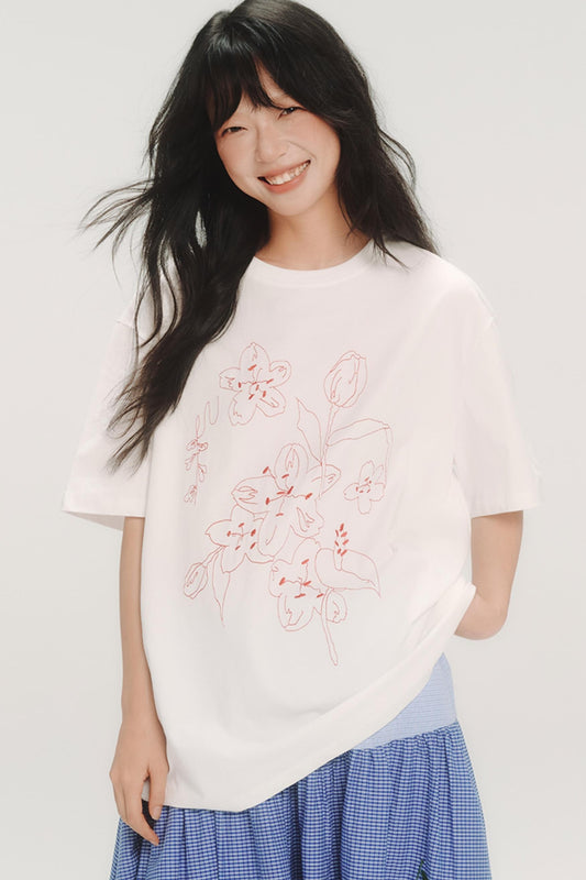 Cherry Blossom Embroidered White T-Shirt