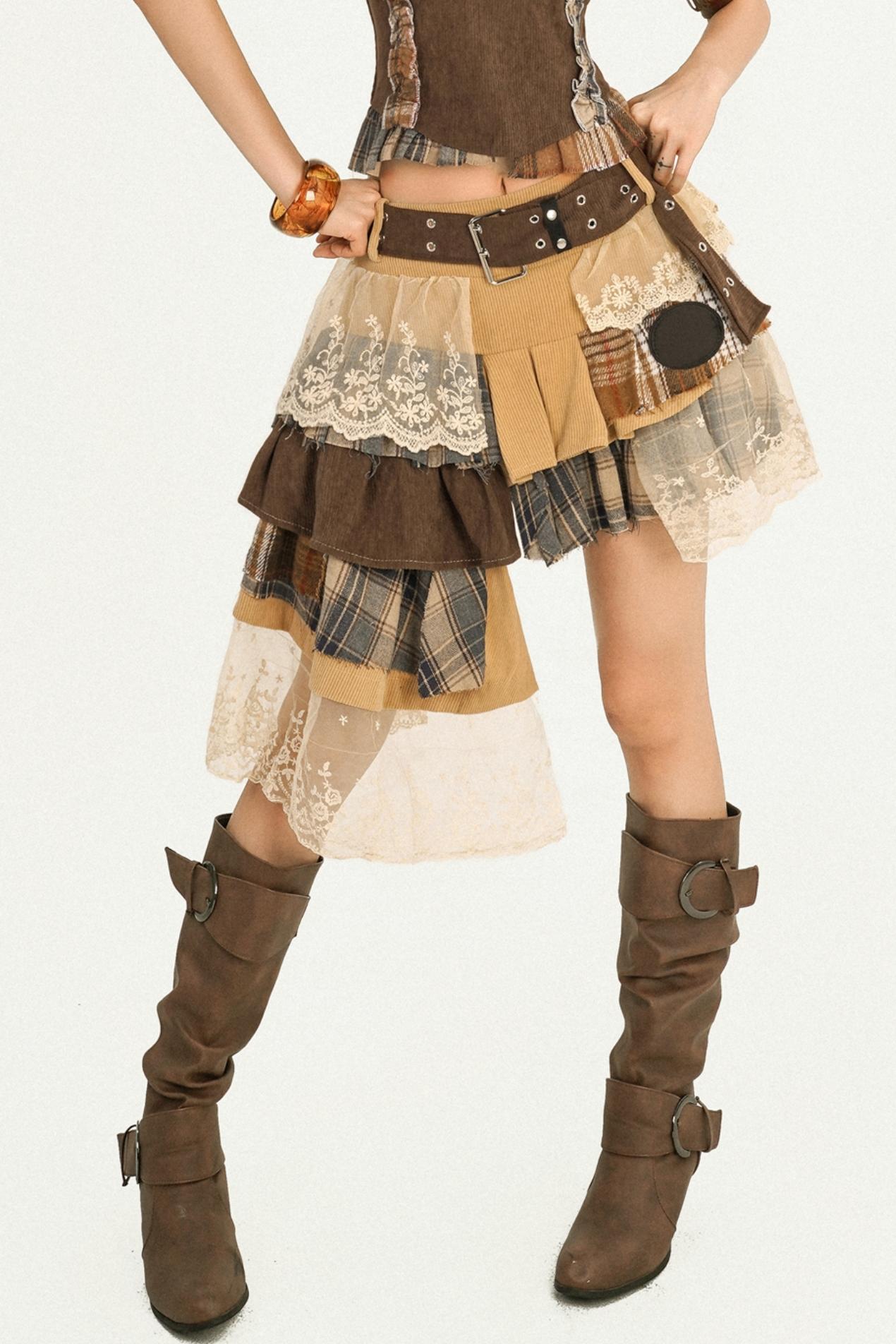 Wandering Plaid Lace Skirt