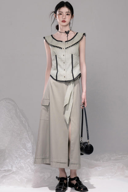 Waisted Green Check Lace Vest