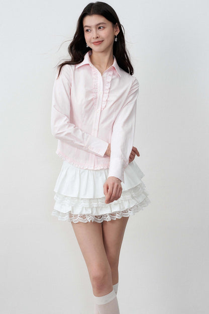 Stripe Texture Polo Collar Lace Tie-Up Shirt