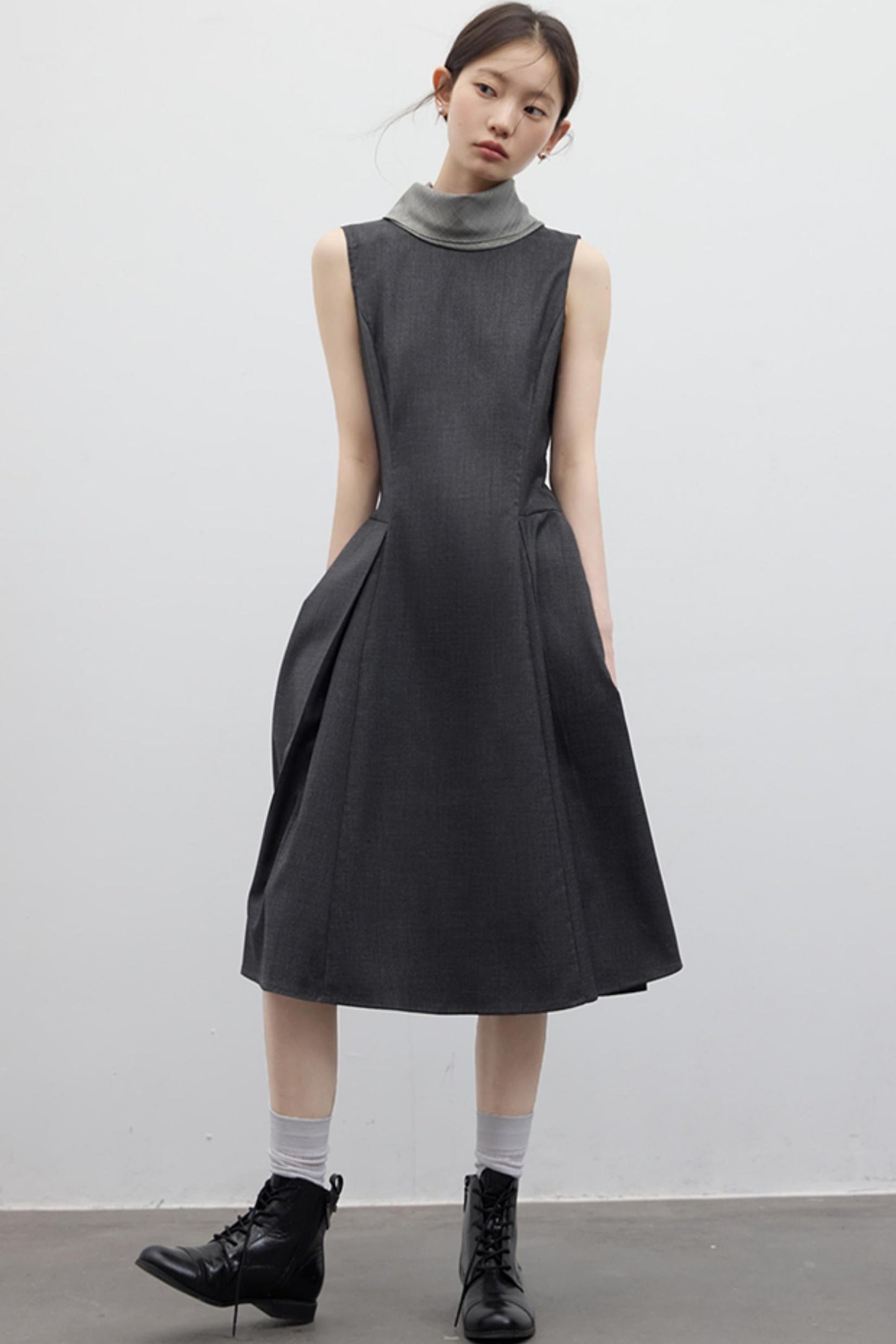 Gray Pleated Slim Fit Dress