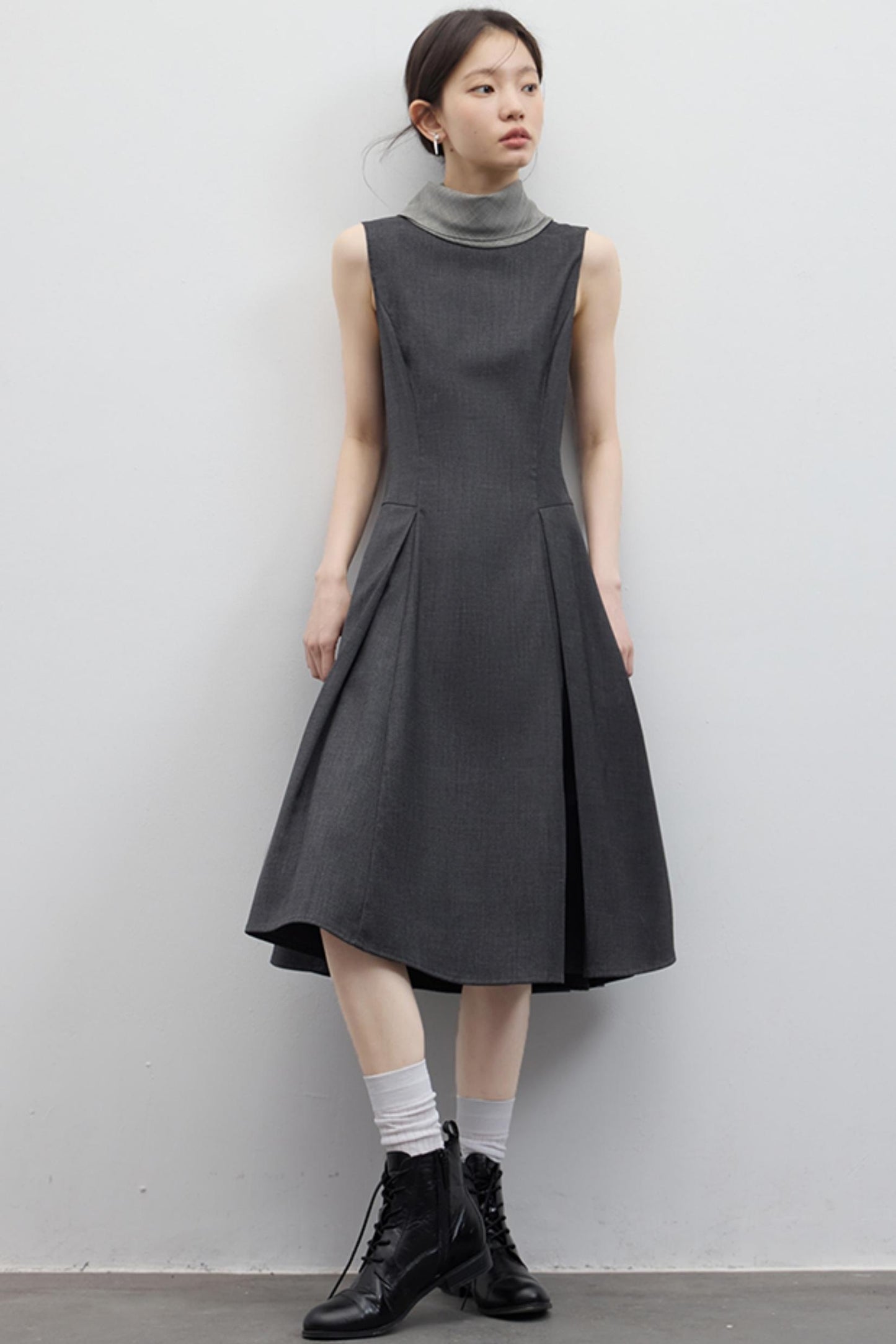Gray Pleated Slim Fit Dress