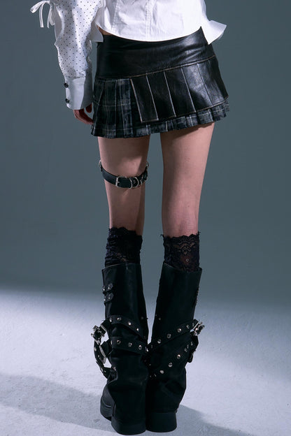 Punk Vintage Leather Pleated A-Line Skirt