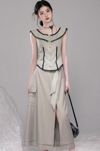 Waisted Green Check Lace Vest