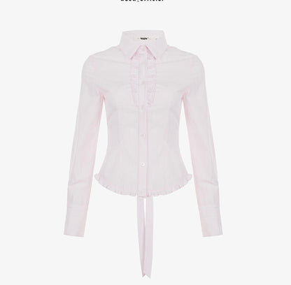 Stripe Texture Polo Collar Lace Tie-Up Shirt