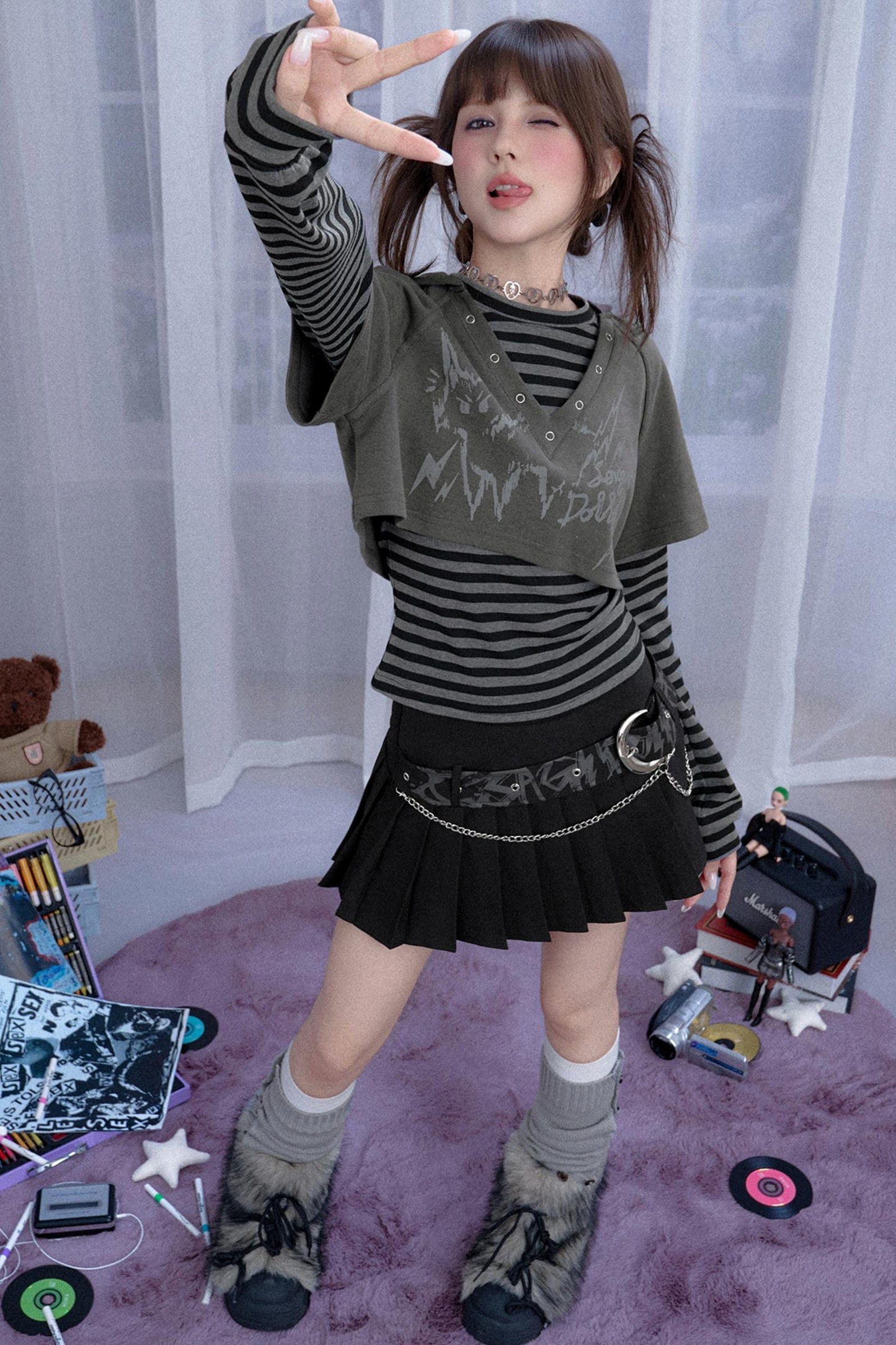 Furry Gray Striped Hooded Two-Piece Set-Up