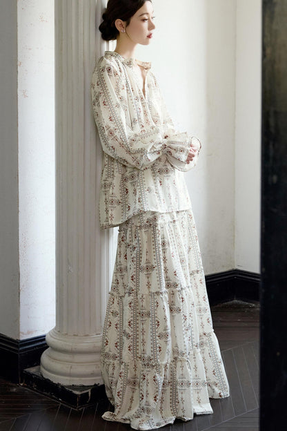 Romantic Ethnic Printed V-Neck Pullover Shirt