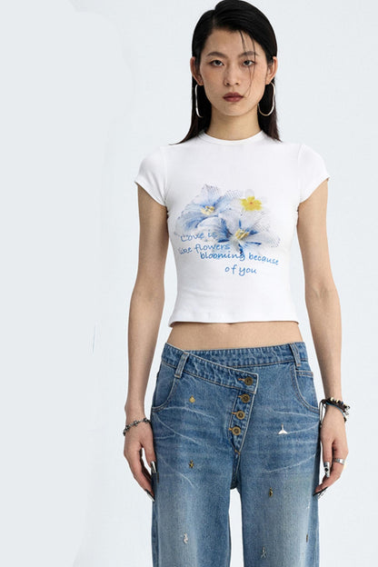 Retro Black Floral Crop T-Shirt