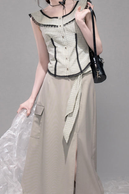 Waisted Green Check Lace Vest