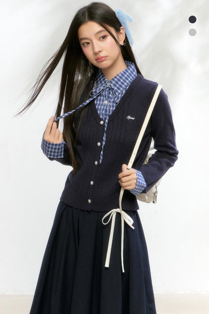 Contrast Layered Knit Pleated Skirt Set-Up