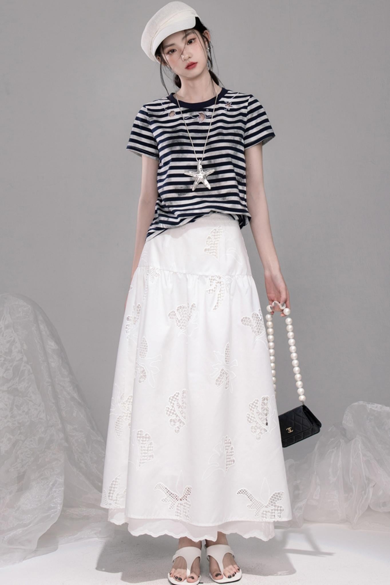 Navy Cut-Out Embroidered Striped T-Shirt