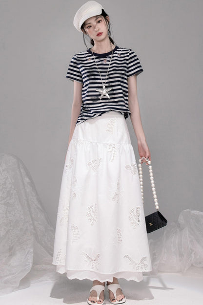 Navy Cut-Out Embroidered Striped T-Shirt