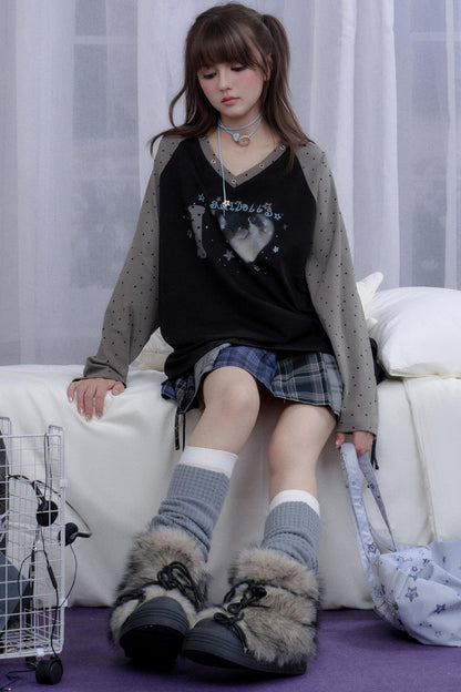 Fighting Spirit Cat Print Raglan T-shirt